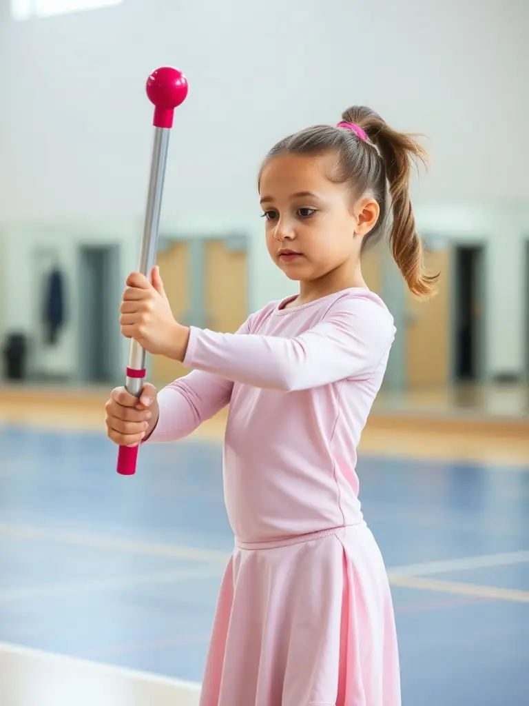 A young girl in a twirling baton uniform, practicing a routine with a baton in a gymnasium, focused on her technique and form.
