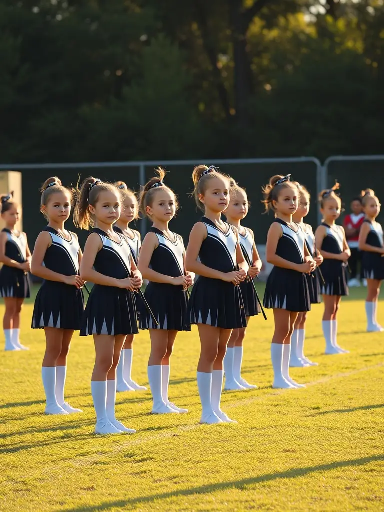 A group of twirlers in uniform, lined up on a competition field, preparing to perform their routine with batons.