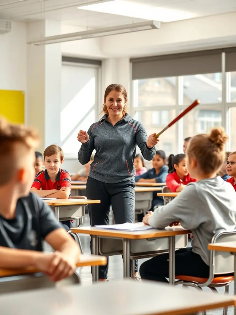 A twirling baton instructor demonstrating a technique to a group of students in a classroom setting, emphasizing precision and control.