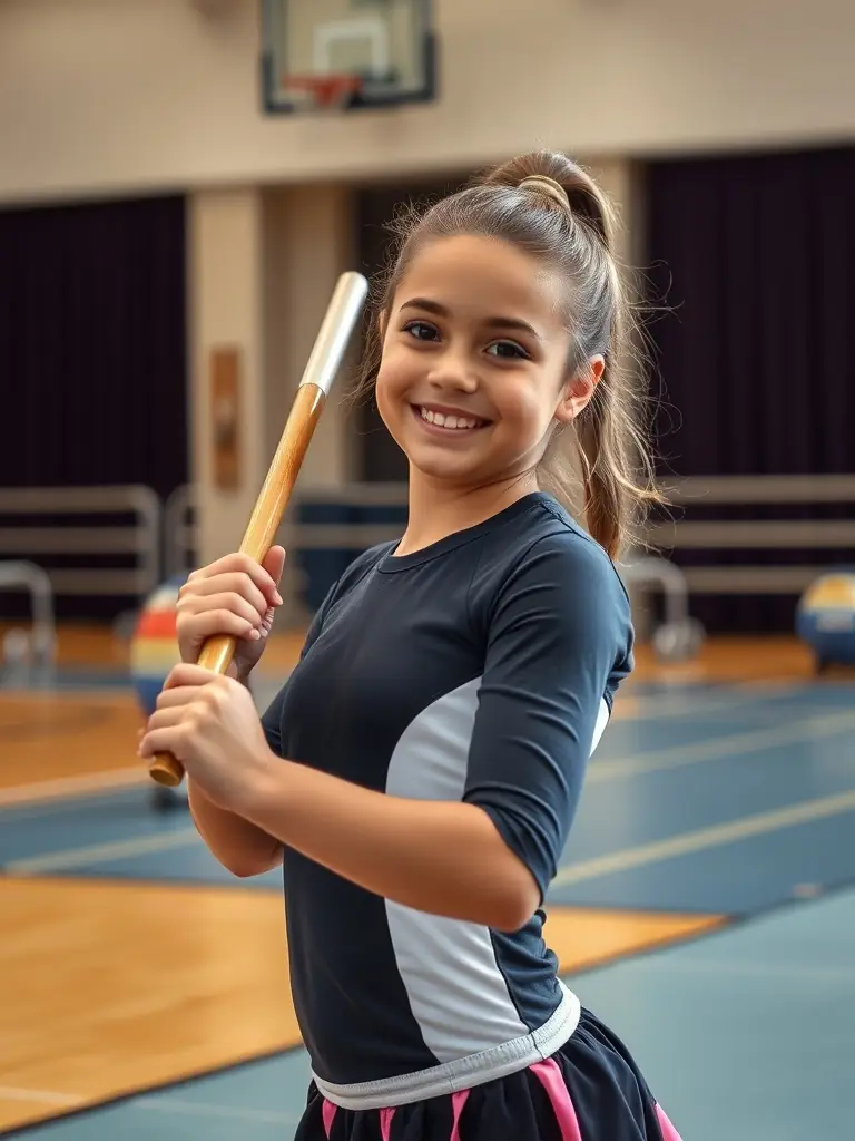 A young girl in a twirling baton uniform, smiling confidently as she practices a routine in a gymnasium, showcasing the discipline and focus required for the sport.