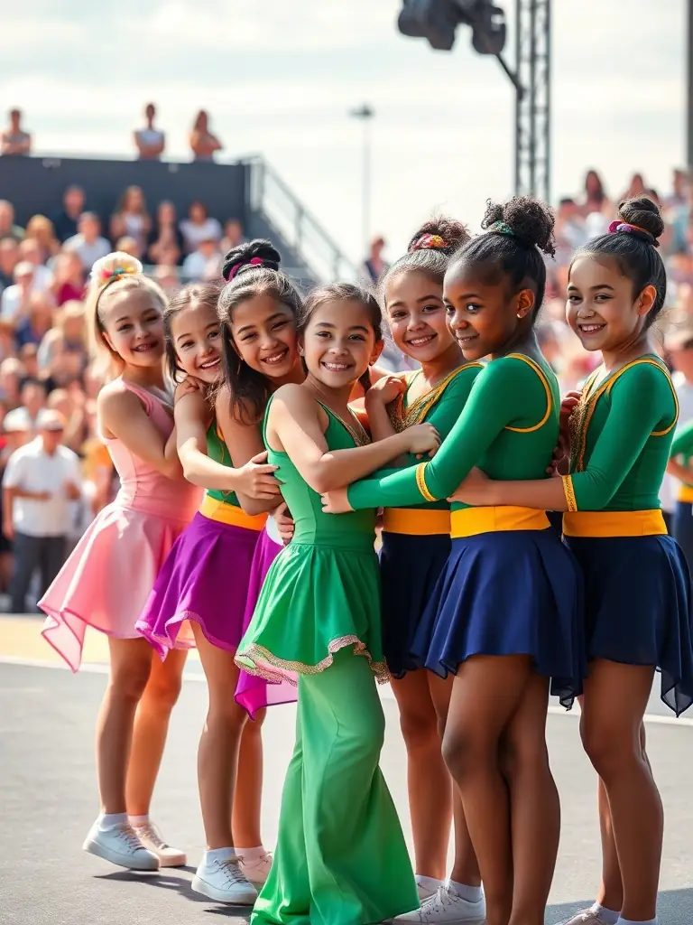 A diverse group of twirlers of different ages and backgrounds, celebrating after a successful performance, highlighting the inclusivity of twirling baton.