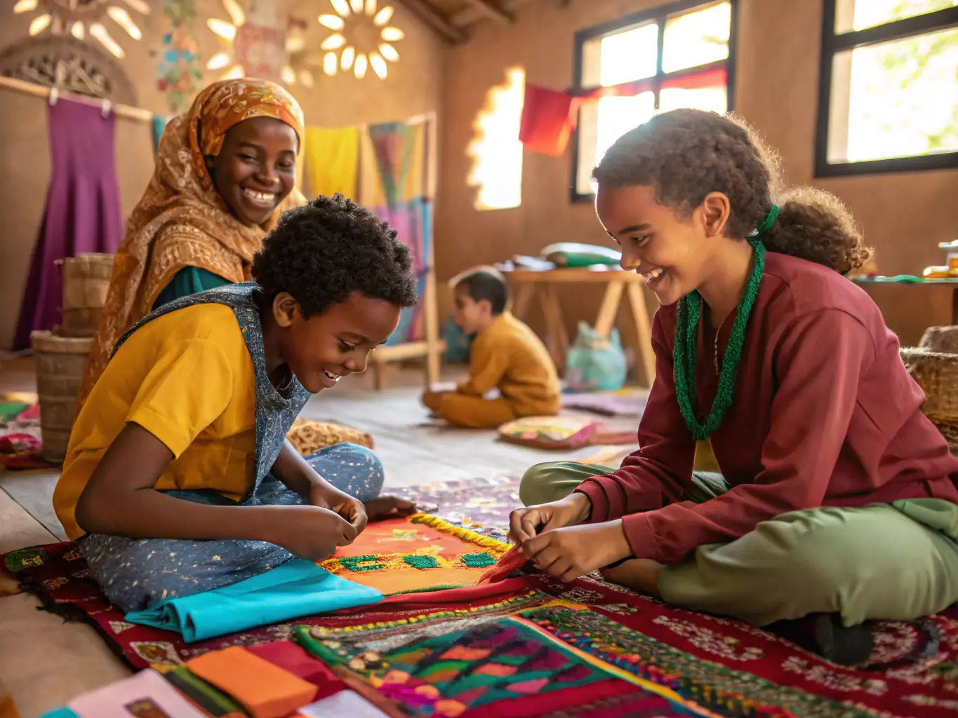 A group of children participating in a cultural workshop with colorful costumes and props, highlighting the creative and inclusive nature of the program.