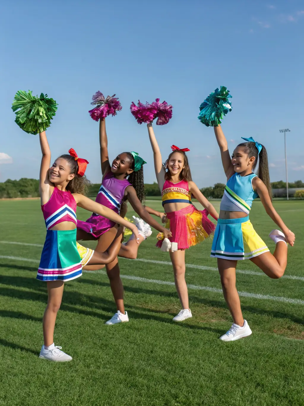 A group of twirlers in matching uniforms, working together during a team routine, demonstrating the importance of collaboration and support in twirling baton.