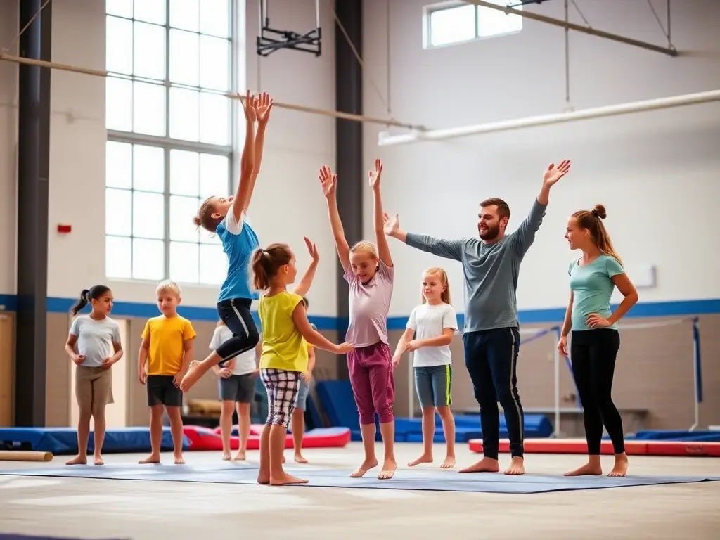 A group of young athletes practicing twirling baton techniques in a gymnasium, focusing on coordination and precision.