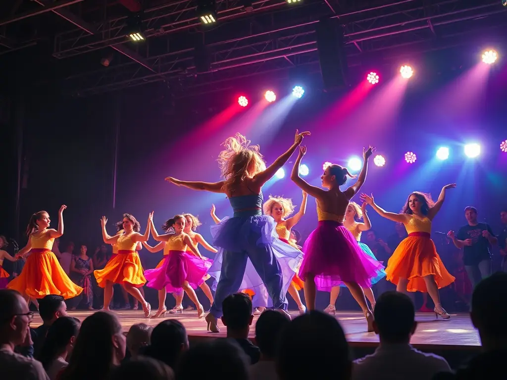 An energetic scene of baton performers competing on stage with an enthusiastic audience, capturing the excitement and camaraderie of the event.