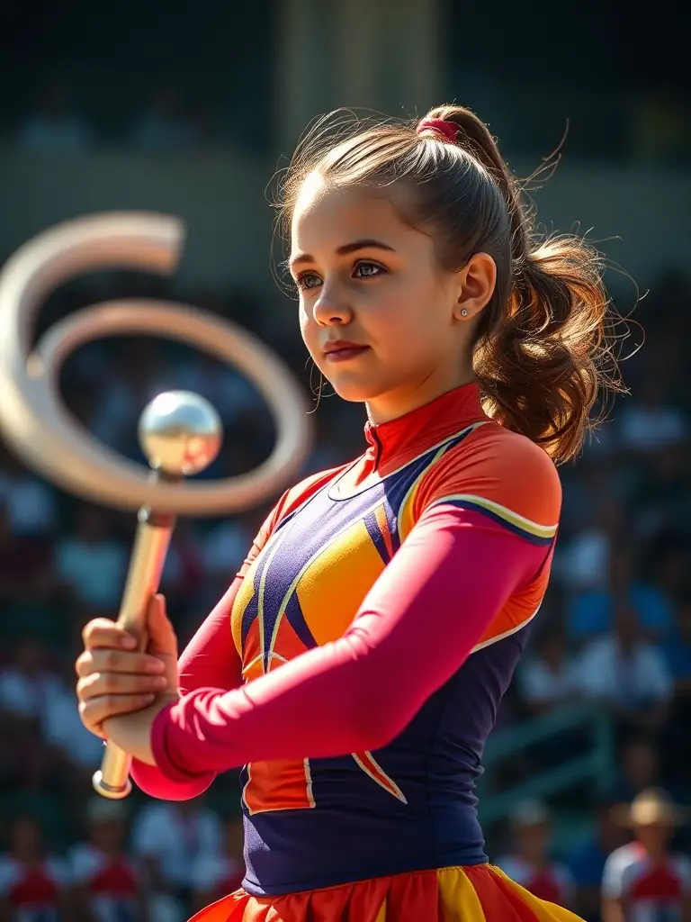A young girl in a twirling baton uniform, smiling confidently as she practices a routine in a gymnasium. The background is slightly blurred to focus on her.
