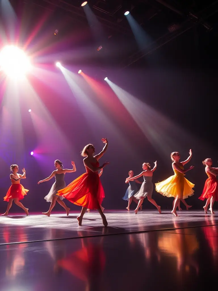 An energetic scene of baton performers competing on stage with an enthusiastic audience, capturing the excitement and sportsmanship of the event.