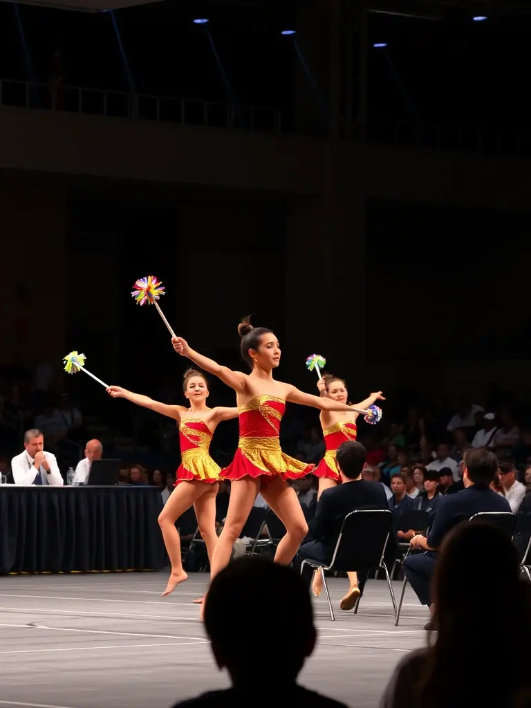 A group of athletes participating in a regional twirling baton competition, showcasing their routines in front of judges and an audience.