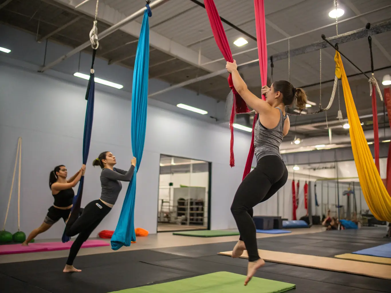 A dynamic image of young athletes practicing baton routines in a well-lit training facility, showcasing their coordination and skill.