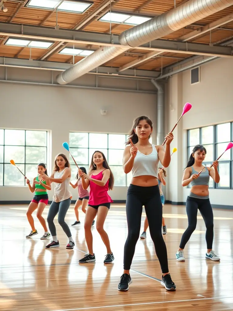 A workshop session where instructors are teaching advanced twirling techniques to a group of participants, with batons in motion.