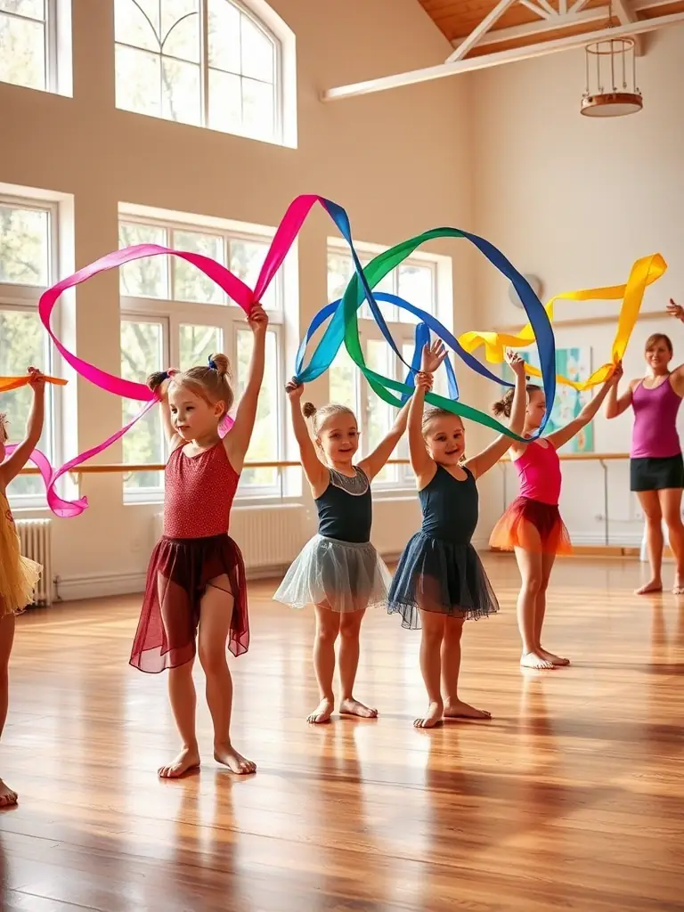A vibrant image of young athletes practicing baton routines in a well-lit training facility, focusing on their coordination and teamwork.